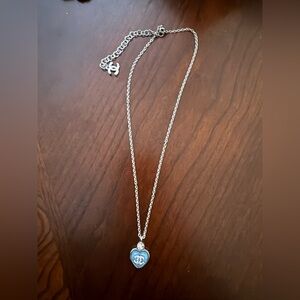 Brand new upcycled Chanel Silver chain  blue Heart Pendant Necklace